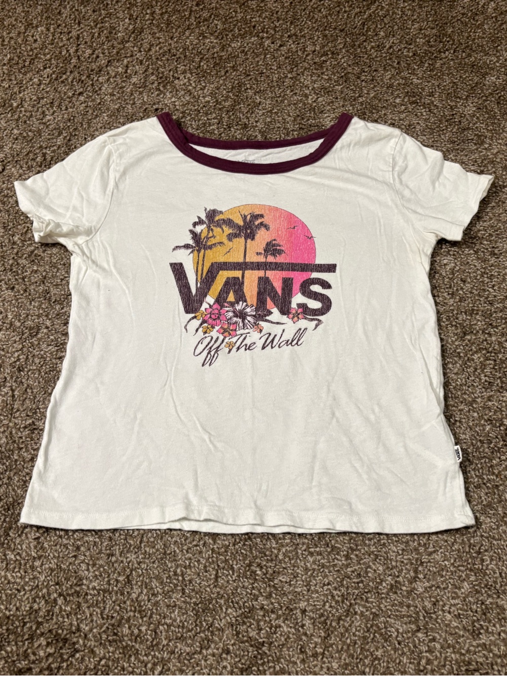Vans White Short Sleeve Tee with Pink & Yellow Sunset Graphic